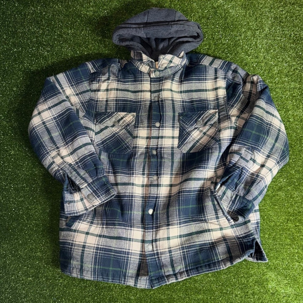 RedHead Brand Co Mens XL Blue Plaid Hooded Flannel Shirt Jacket Quilted Lined